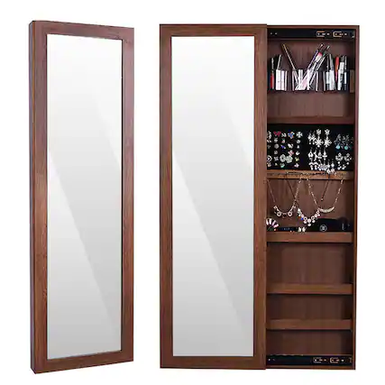 Front. Oumilen - Wall-Mounted Jewelry Armoire with Full-Length Mirror & Sliding Door - Brown.