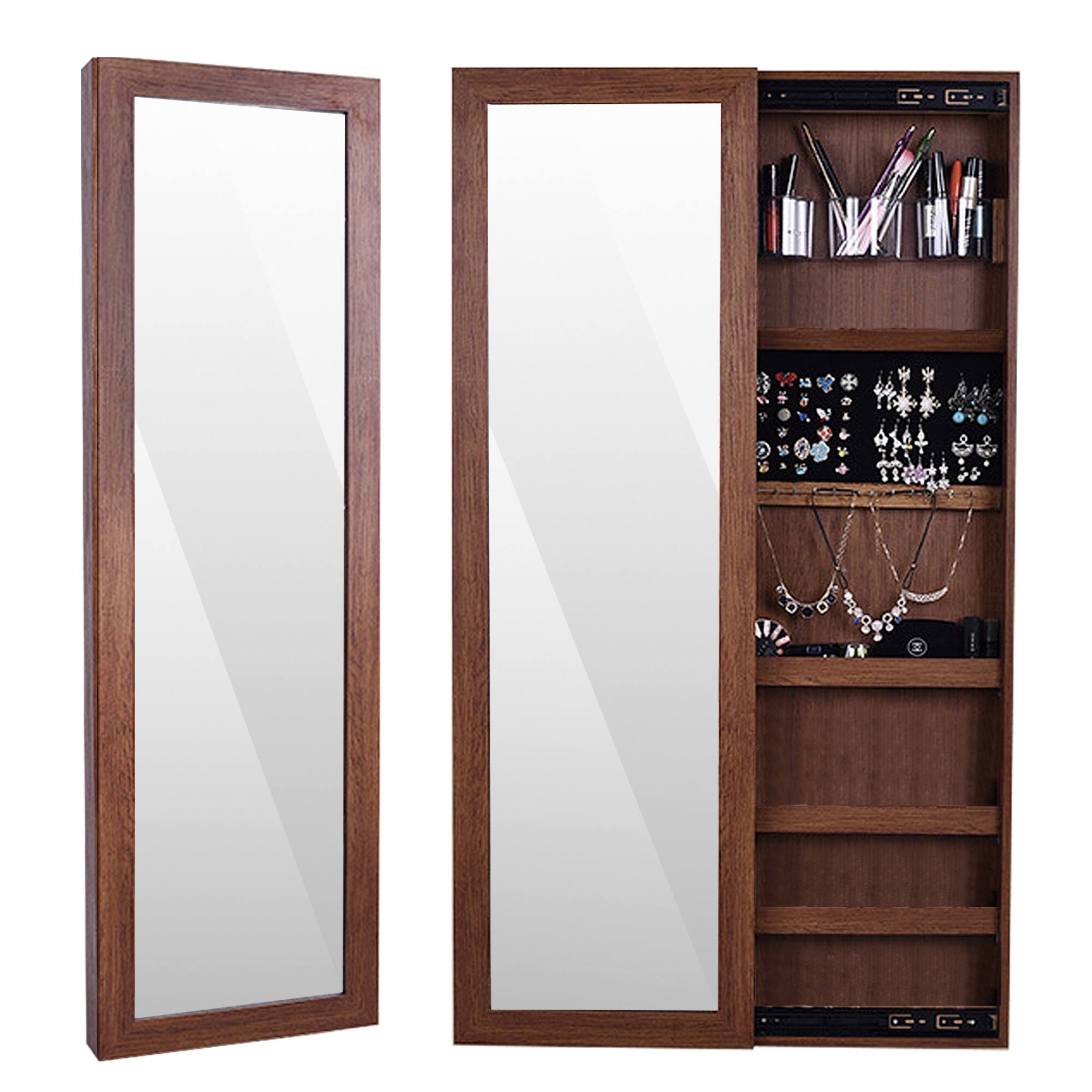Front. Oumilen - Wall-Mounted Jewelry Armoire with Full-Length Mirror & Sliding Door - Brown.