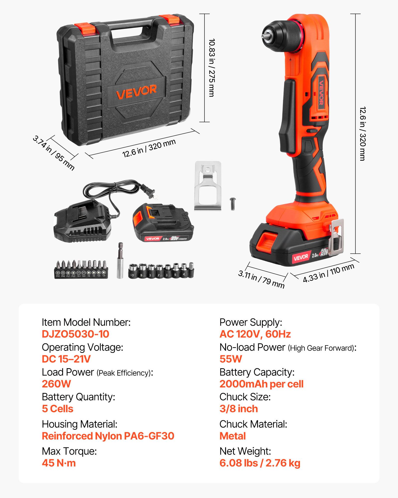 VEVOR Right Angle Drill,3/8Inch Chuck,90 Degree Cordless Right