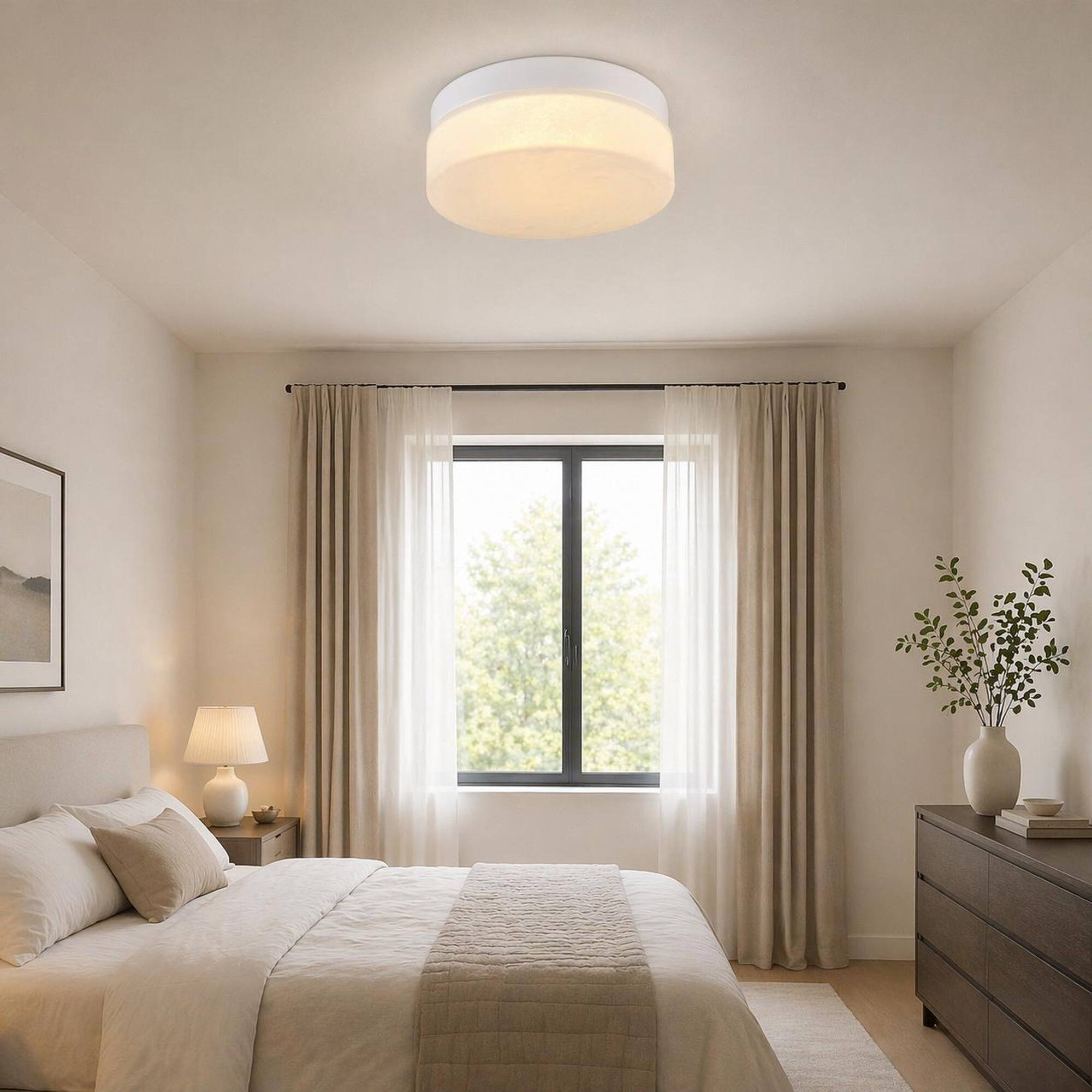 Angle. RYHNUYNE - 12 Inch 24W Round LED Flush Mount Ceiling Light, Low Profile Slim White Fixture for Bedroom, Living Room, Dining Room.