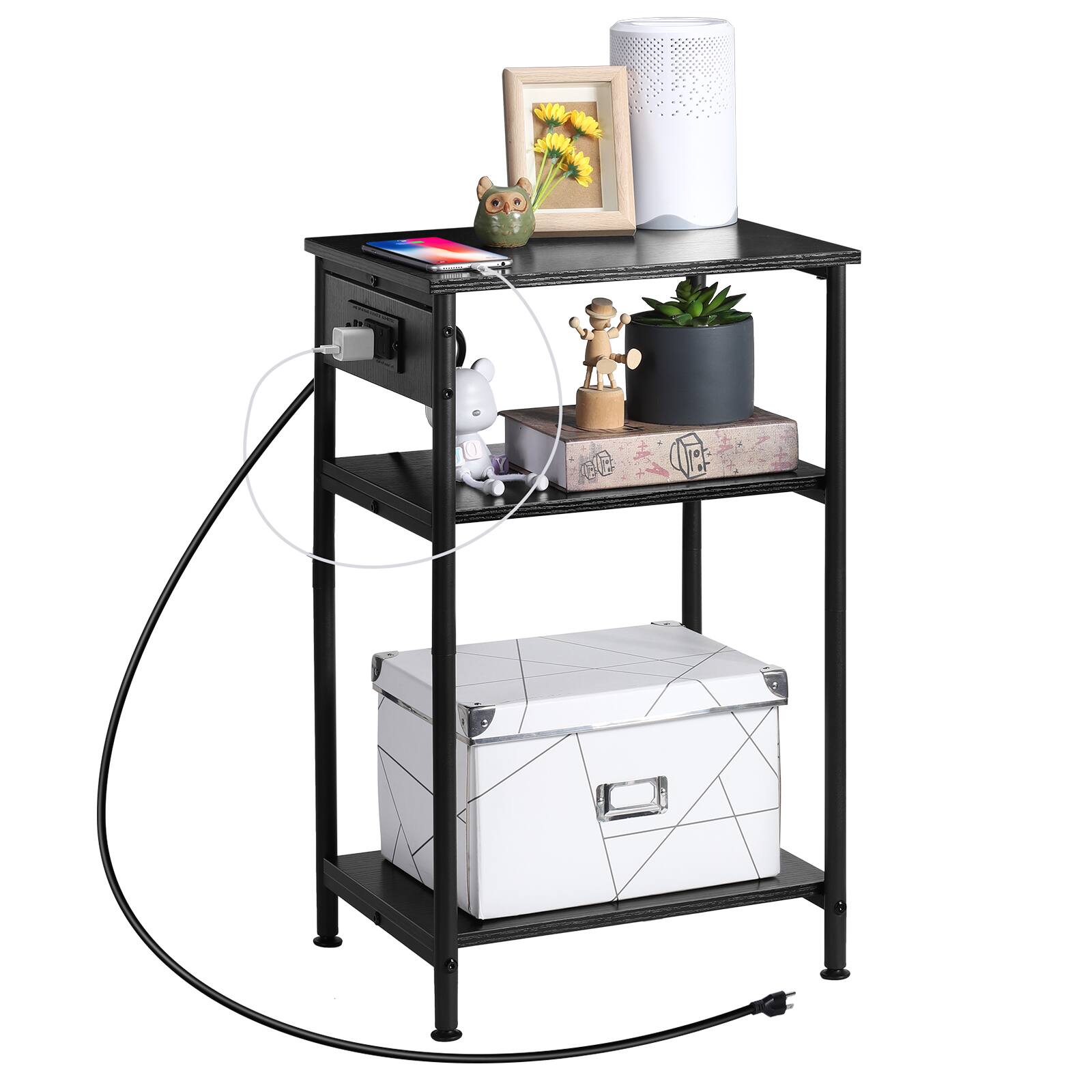 Front. Oumilen - Black 3-Tier End Table with Built-in Charging Station - Black.