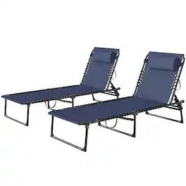 Outsunny - Folding Chaise Lounge Pool Chairs with 4-Position Reclining Back, Pillow, Breathable Mesh & Bungee Seat - Dark Blue