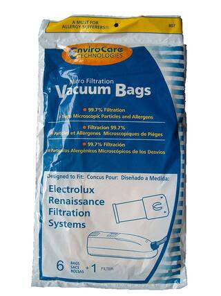 A MUST FOR ALLERGY SUFFERERS!!
807 EnviroCare TECHNOLOGIES Micro Filtration Vacuum Bags
99.7% Filtration Traps Microscopic Particles and Allergens
Filtración 99.7% Partículas et Allergenes Microscopiques de Píeges
99.7% Filtración Partículas Alergénicos Microscópicos de los Desvios
Designed to Fit: Concus Pour: Diseñado a Medida:
Electrolux Renaissance Filtration Systems
6 BAGS SACS + BOLSAS
1 FILTER