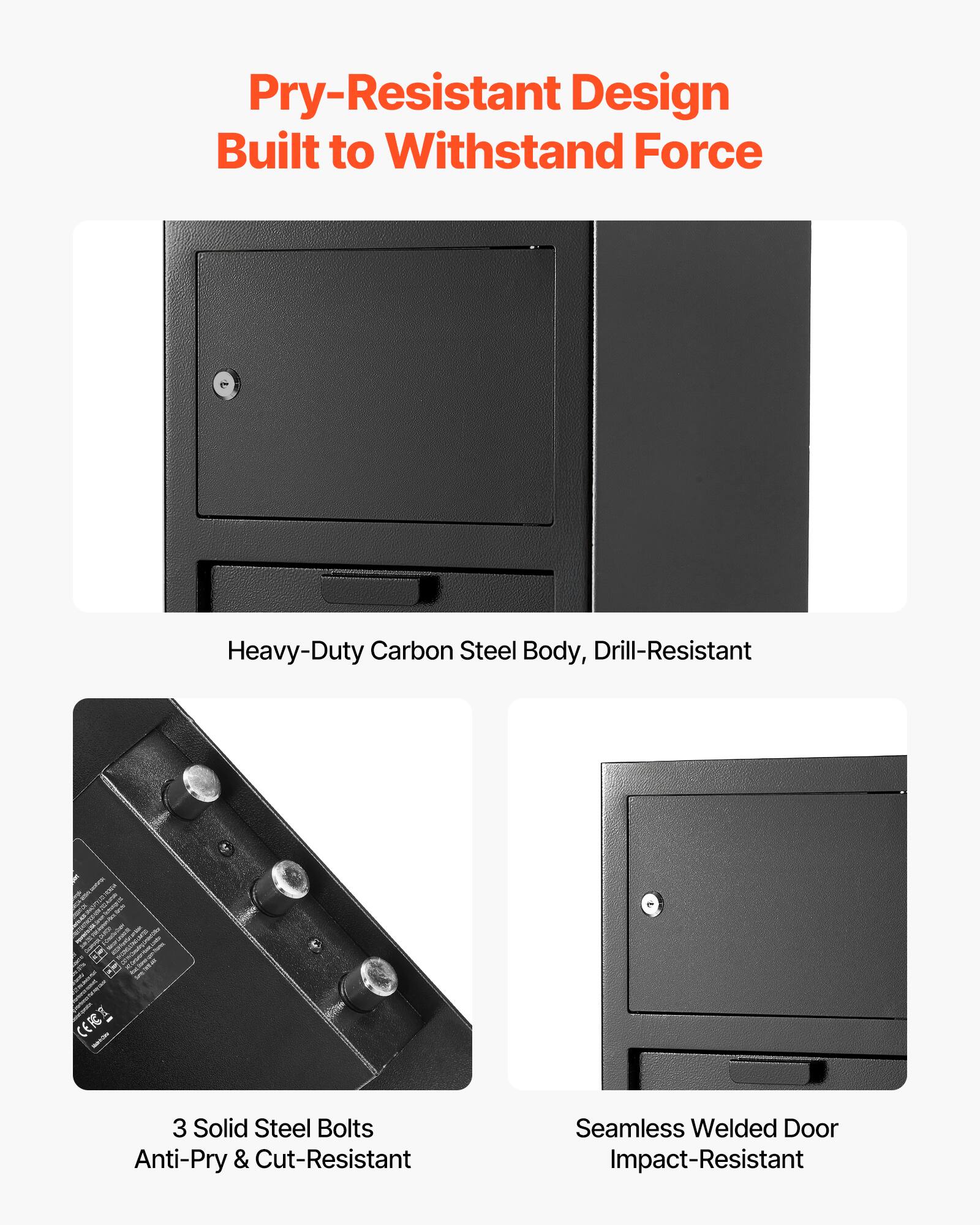 Pry-Resistant Design  
Built to Withstand Force  

Heavy-Duty Carbon Steel Body, Drill-Resistant  

3 Solid Steel Bolts  
Anti-Pry & Cut-Resistant  

Seamless Welded Door  
Impact-Resistant