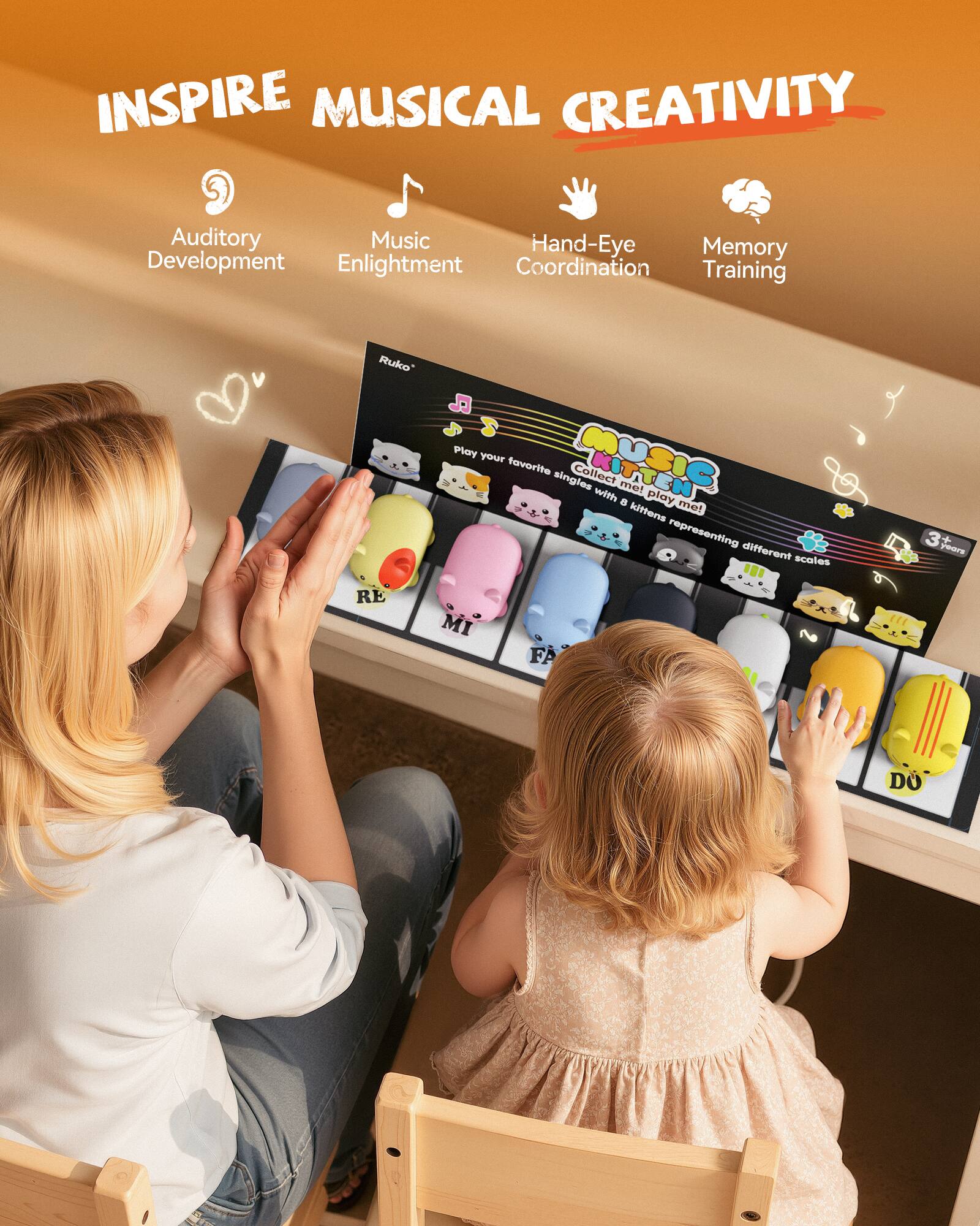 INSPIRE MUSICAL CREATIVITY

- Auditory Development
- Music Enlightenment
- Hand-Eye Coordination
- Memory Training

Play your favorite MUSIC! Collect singles and play with me! representing different scales + years

RE MI FA DO