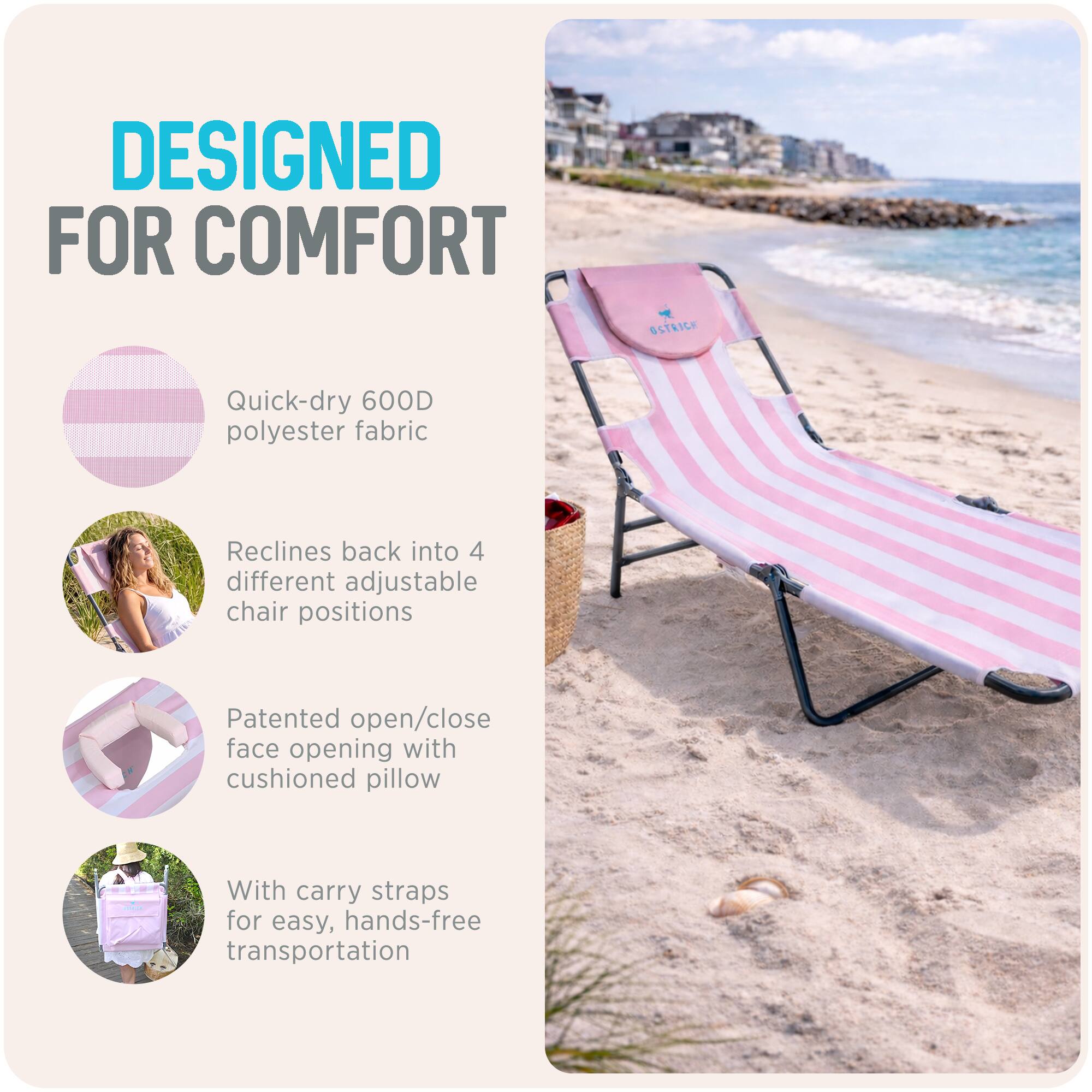 DESIGNED FOR COMFORT

- Quick-dry 600D polyester fabric
- Reclines back into 4 different adjustable chair positions
- Patented open/close face opening with cushioned pillow
- With carry straps for easy, hands-free transportation