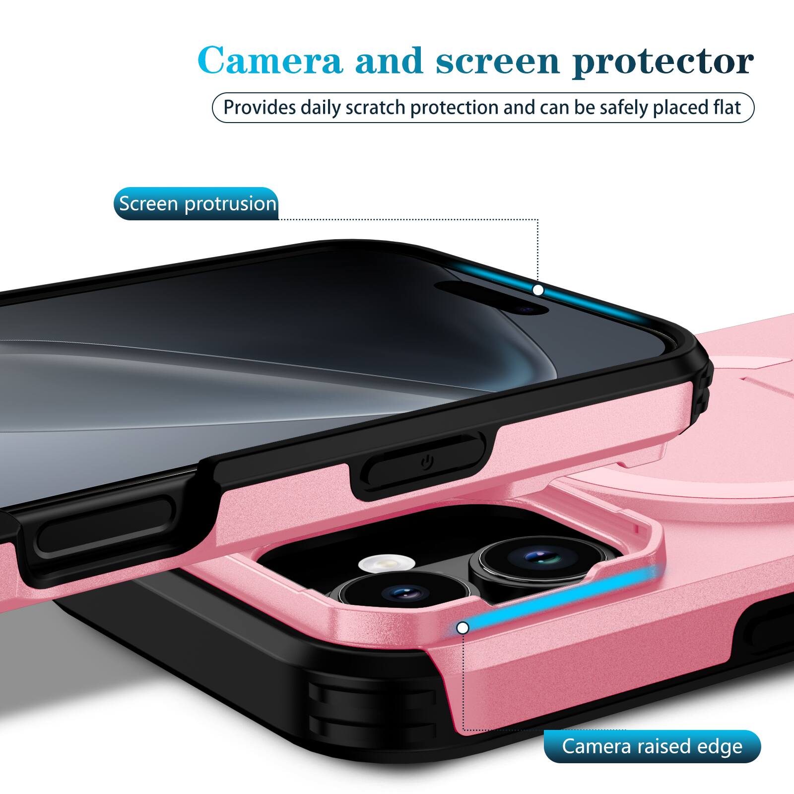 Camera and screen protector  
Provides daily scratch protection and can be safely placed flat  

Screen protrusion  
Camera raised edge