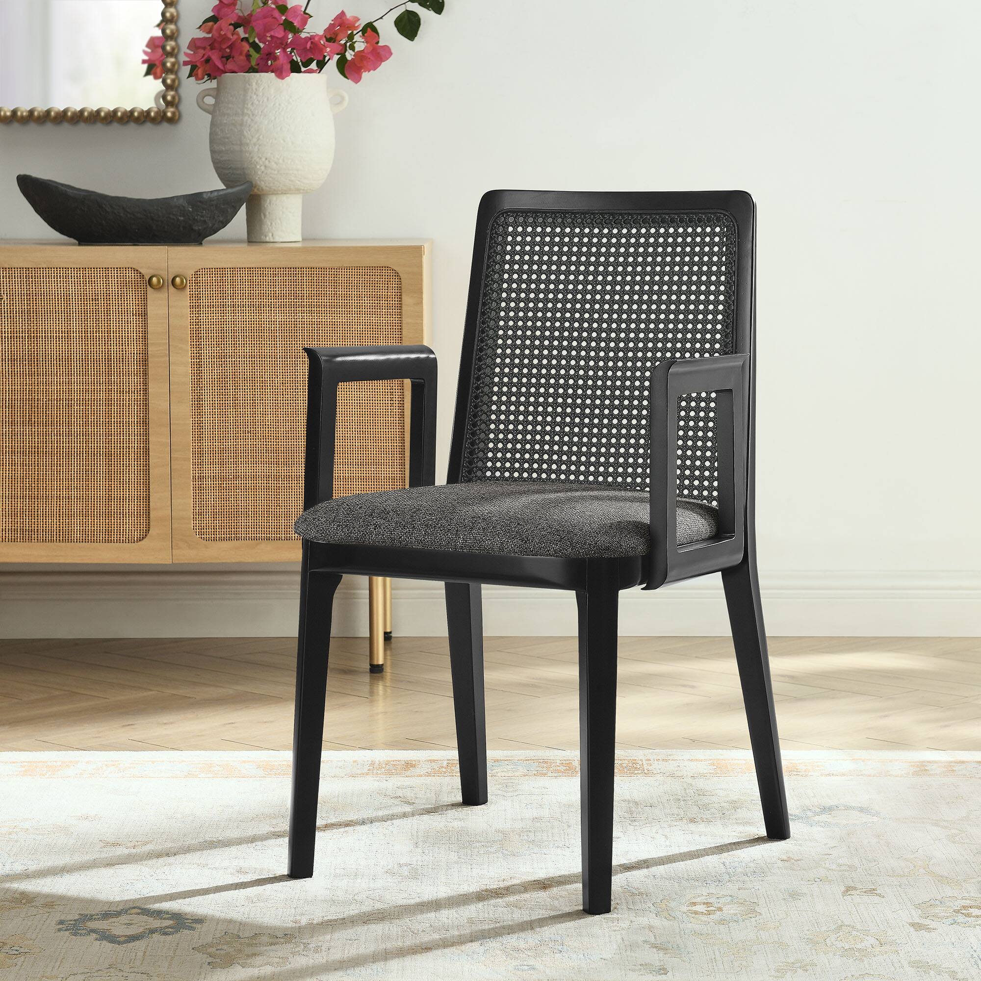 Front. Modway - Monarch Wood and Rattan Dining Armchair by Modway - Black Black Gray.