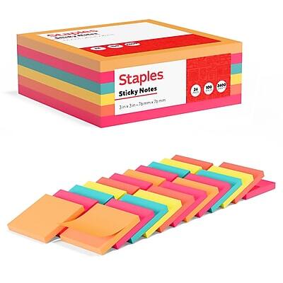 Staples Sticky Notes
3 in x 3 in (76 mm x 76 mm)
100 sheets per pad
24 pads per box
2400 sheets total