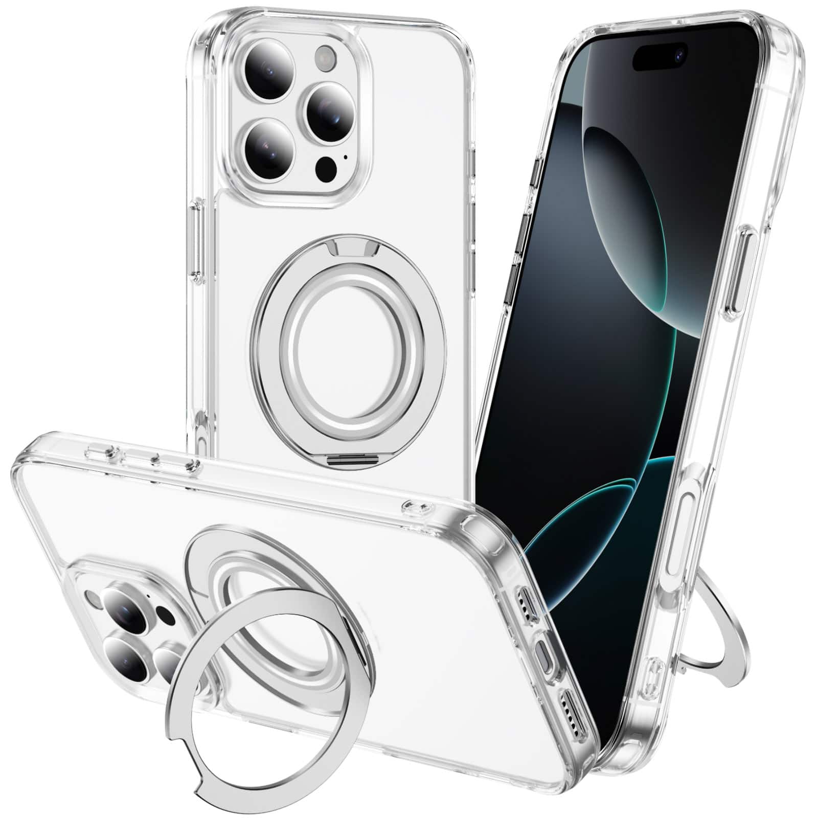 Alpha Digital - Full Protective iPhone 16 PRO MAX Case w/ Magnetic Rotatable Ring Stand- Soft Flex -360 shockproof - Clear