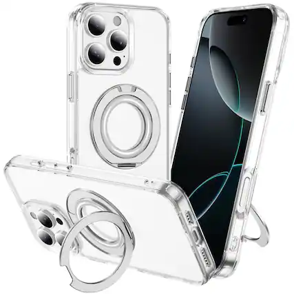 Front. Alpha Digital - Full Protective iPhone 16 PRO MAX Case w/ Magnetic Rotatable Ring Stand- Soft Flex -360 shockproof - CLEAR.