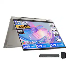 Lenovo - Upgraded - Yoga 7a 2-in-1 14" Touch Laptop,Ryzen AI 5 430,16GB RAM,1TB SSD+1TB Dock Set,Backlit,Fingerprint,Win11 - Seashell
