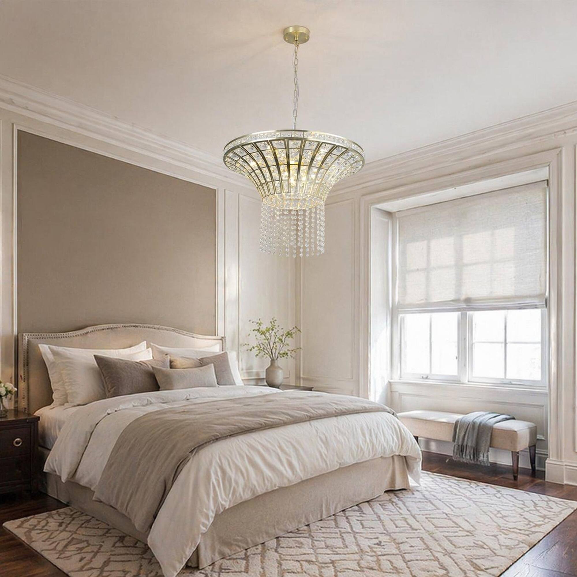 Left. RYHNUYNE - Gold 8‑Light Crystal Chandelier, Modern Crystal Pendant Light Fixture for Living Room, Dining Room, Foyer - Transparent.