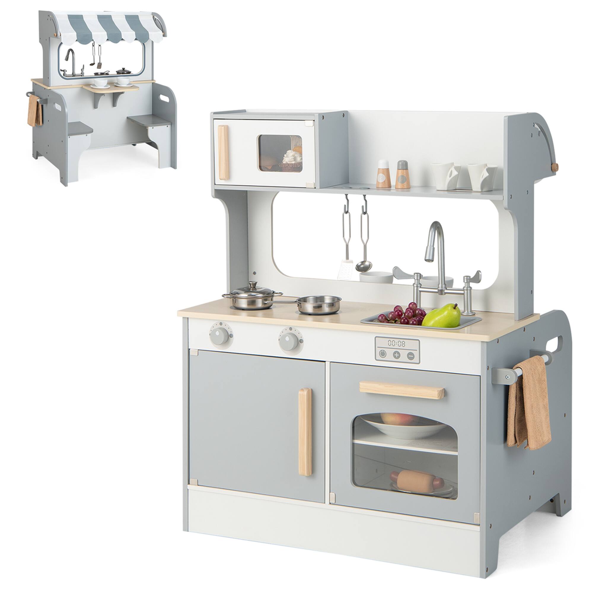 Costway - 2 in 1 Kids Play Kitchen& Restaurant Double Sided Wooden Kitchen Playset Toddler - Gray