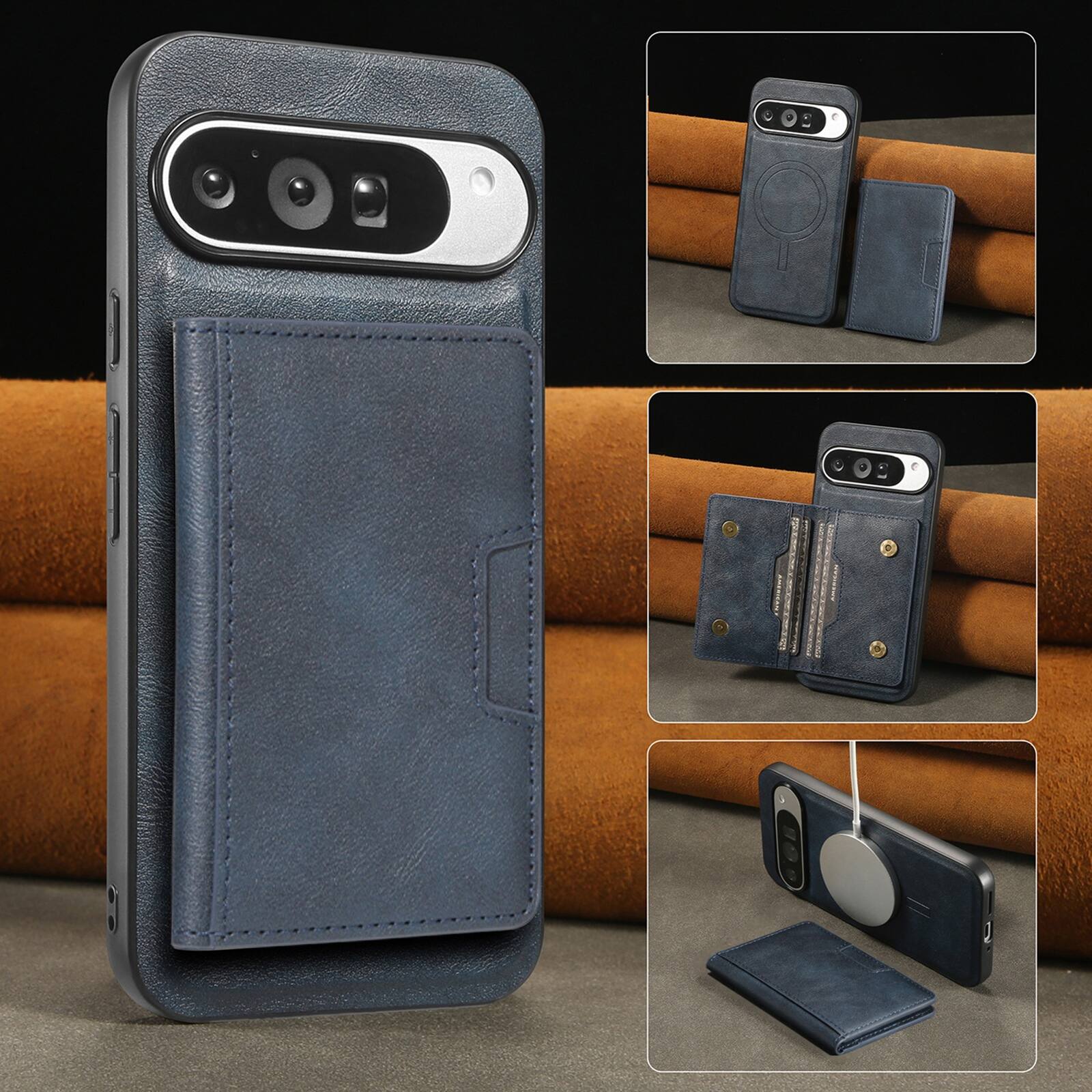 Alt View 2. Dteck - 2 in 1 Detachable Magnetic Case For Google Pixel 10 Pro/10, Shockproof 5 Card Slots Kickstand PU Leather Flip Cover - Blue.