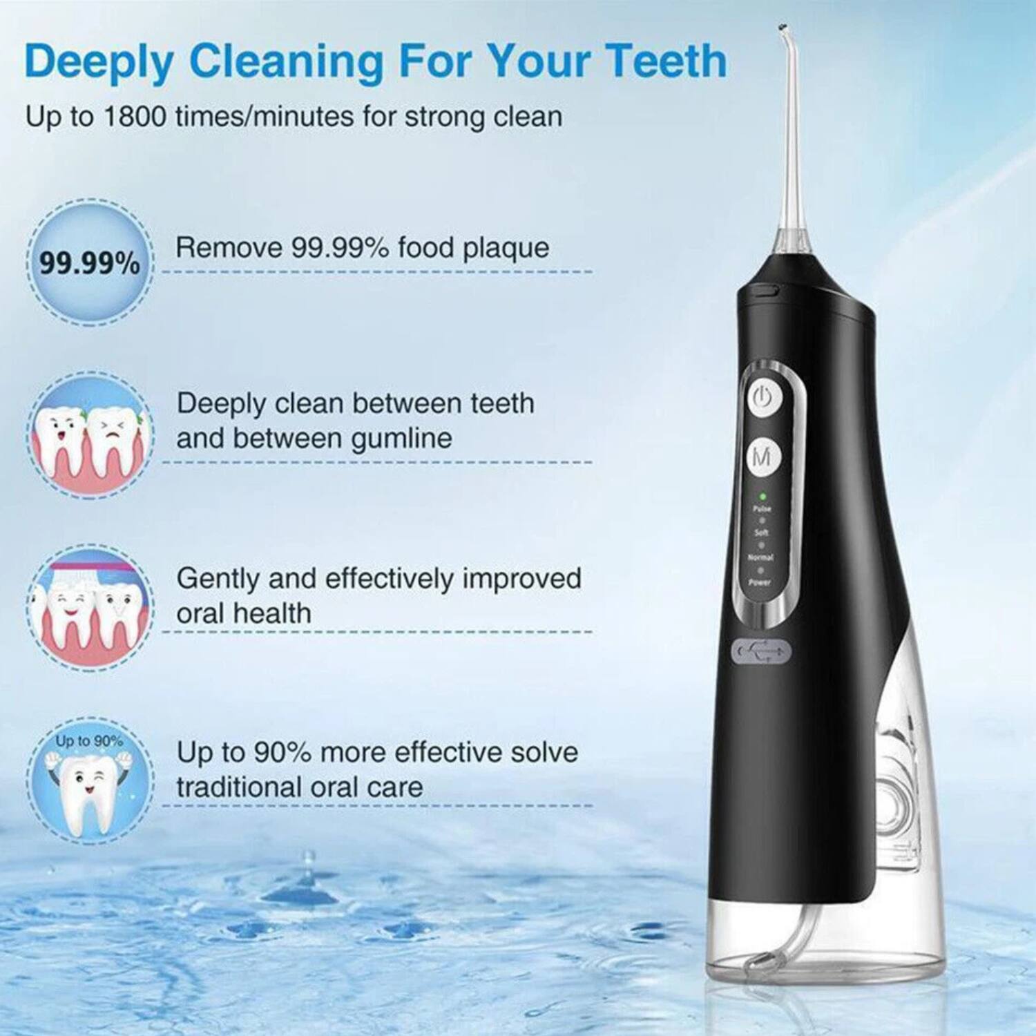 Deeply Cleaning For Your Teeth

Up to 1800 times/minutes for strong clean

- Remove 99.99% food plaque
- Deeply clean between teeth and between gumline
- Gently and effectively improve oral health
- Up to 90% more effective solve traditional oral care