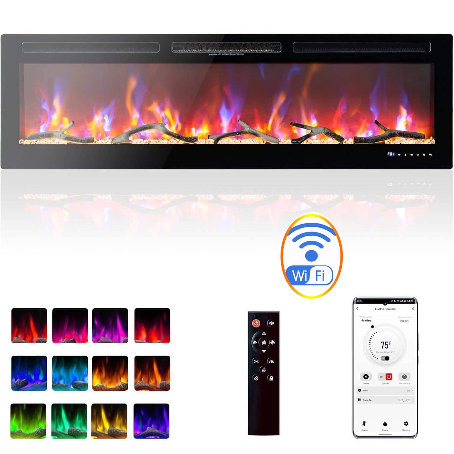 Qeetex - 60 Inch Electric Fireplace Heater WIFI & Alexa Recessed & Wall Mounted Fireplace 750/1500w