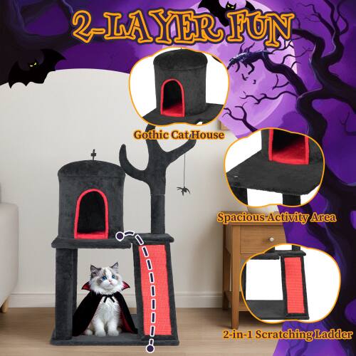 2-Layer Fun Gothic Cat House Spacious Activity Area 2-in-1 Scratching Ladder