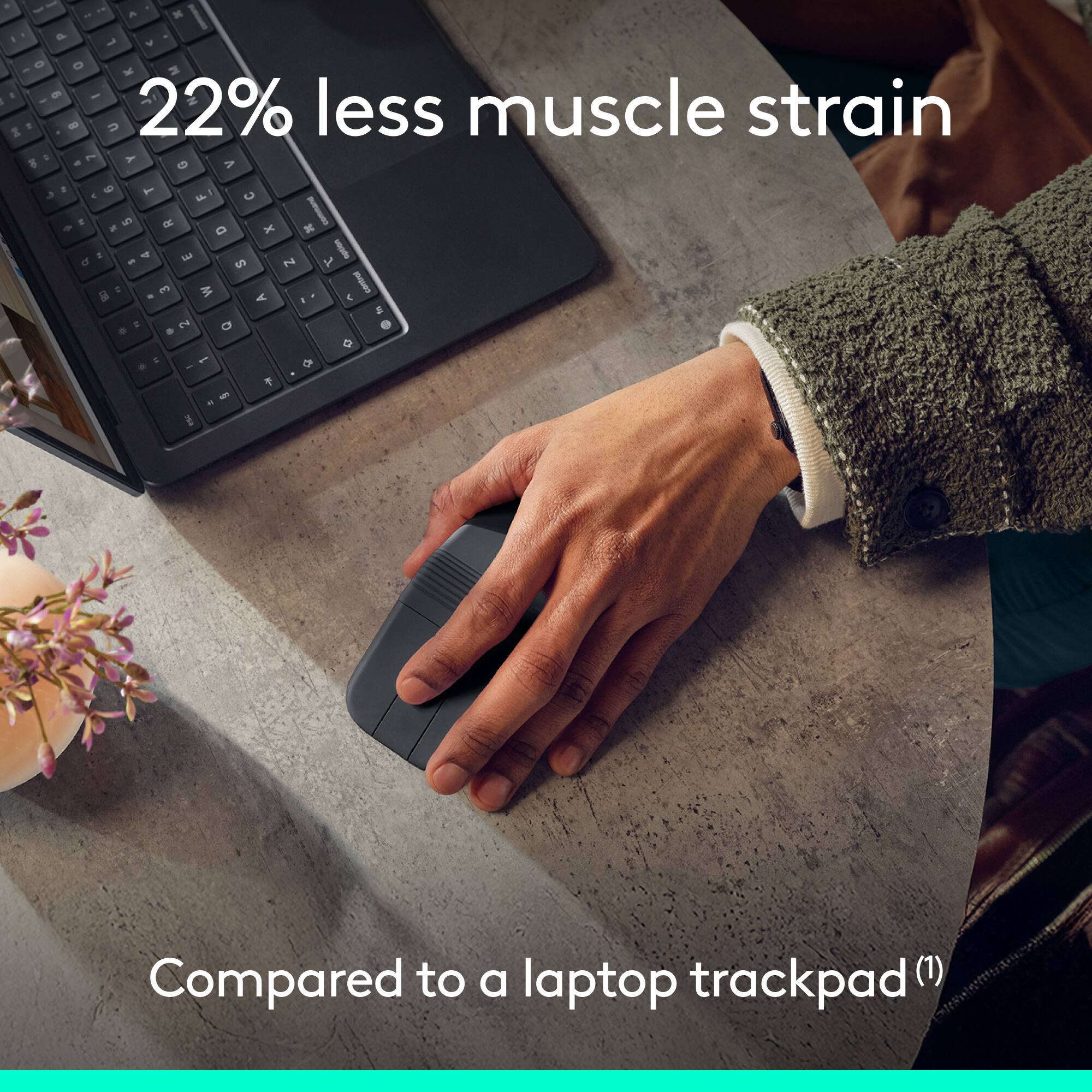 22% less muscle strain  
Compared to a laptop trackpad (1)