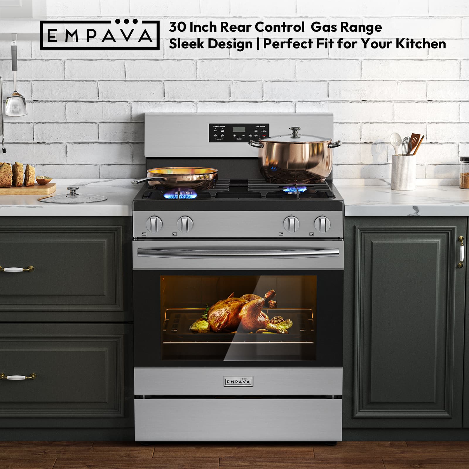 Empava - 30 in. Natural Gas Range - 4 Burners (18K BTU) w/ 4.8 cu.ft Oven, Steam-clean, Storage Drawer, Rear Controls - Stainless Steel - Thumbnail 3