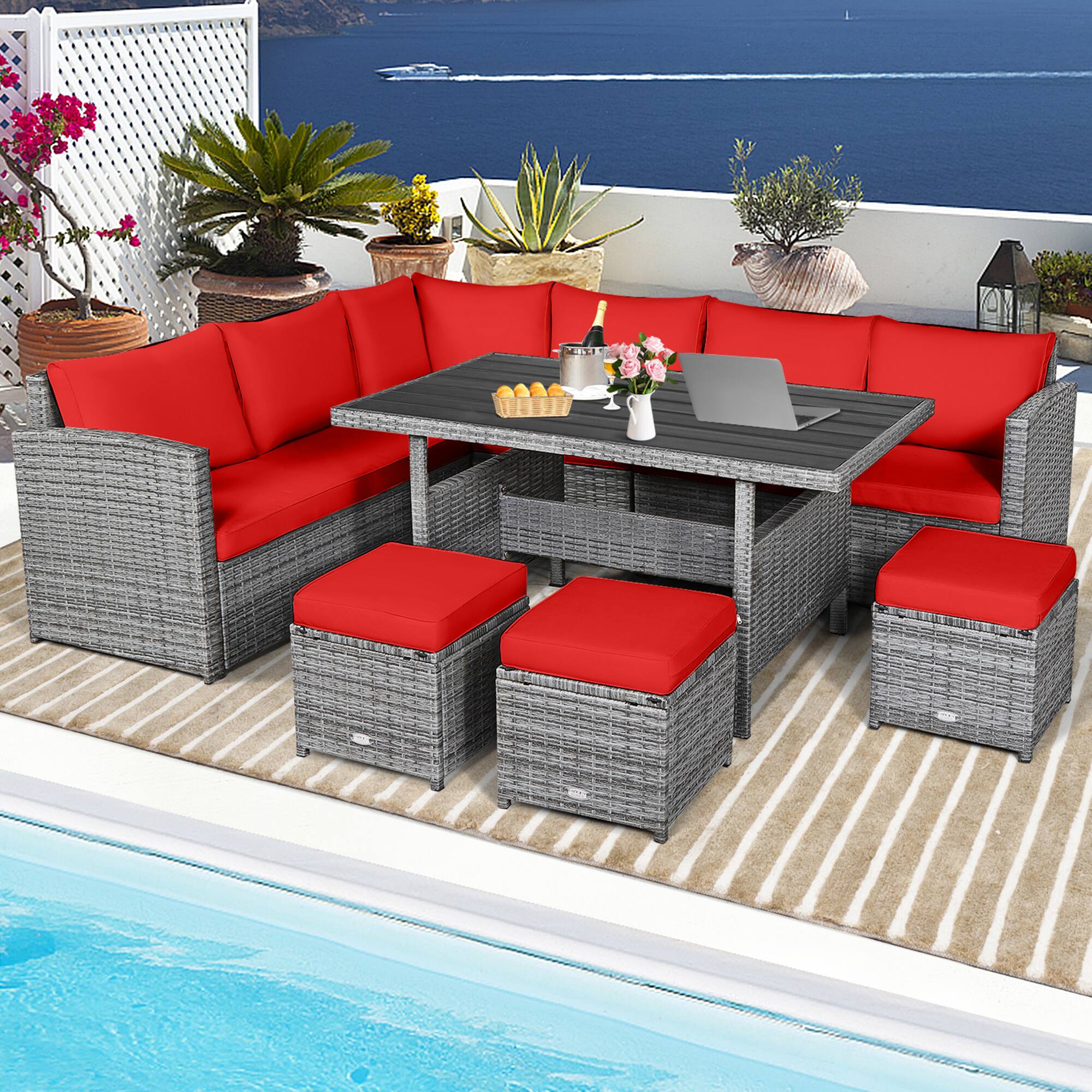 Alt View 3. Gymax - Gymax 7PCS Rattan Patio Sectional Sofa Set Conversation Set w/ Red Cushions - Red.