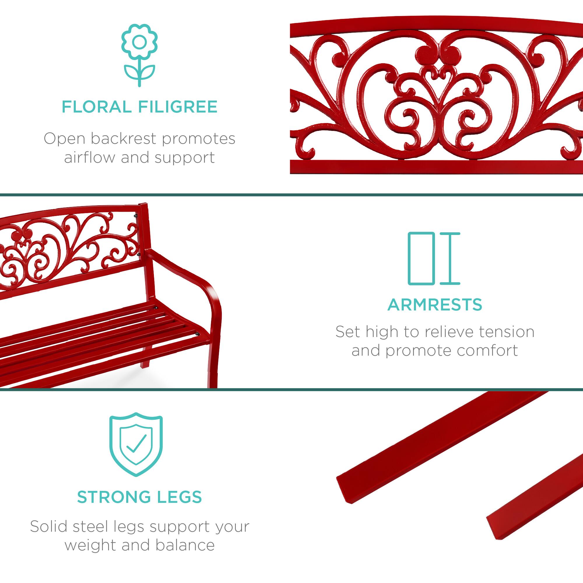 FLORAL FILIGREE  
Open backrest promotes airflow and support  

ARMRESTS  
Set high to relieve tension and promote comfort  

STRONG LEGS  
Solid steel legs support your weight and balance