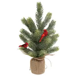 BreeBe - Glittered Pine Tree With Cardinals in Burlap Base - Green