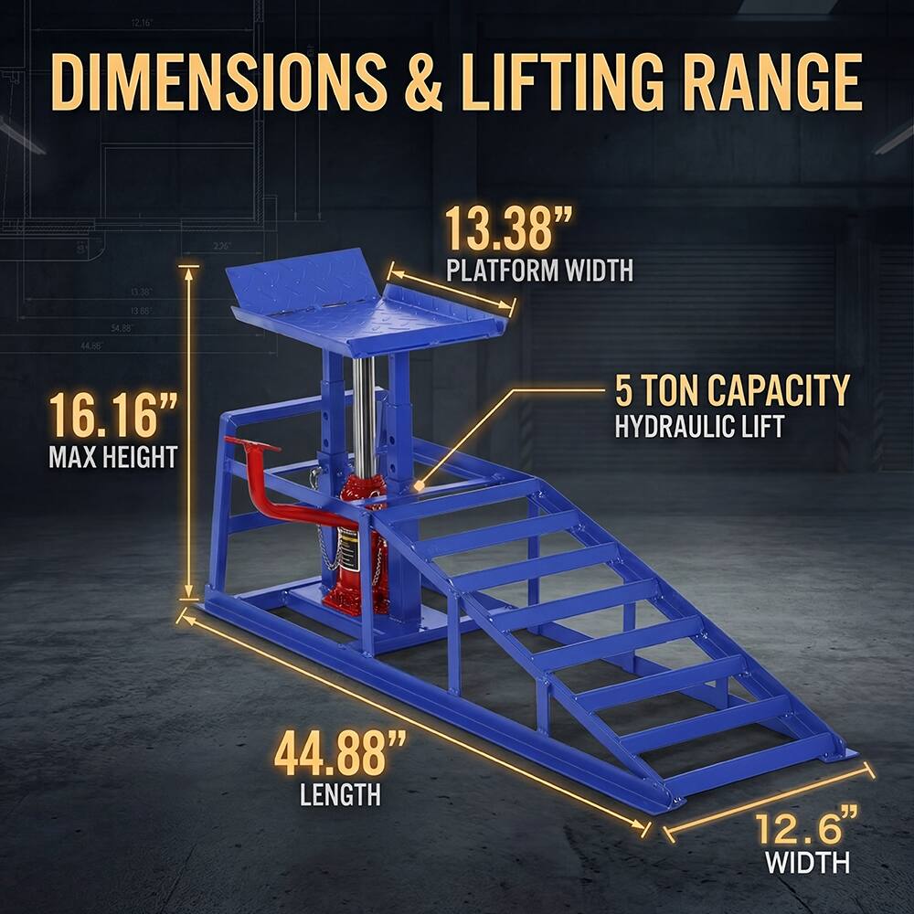 12.16" DIMENSIONS & LIFTING RANGE

13.38" PLATFORM WIDTH

16.16" MAX HEIGHT

44.88" LENGTH

12.6" WIDTH

5 TON CAPACITY HYDRAULIC LIFT