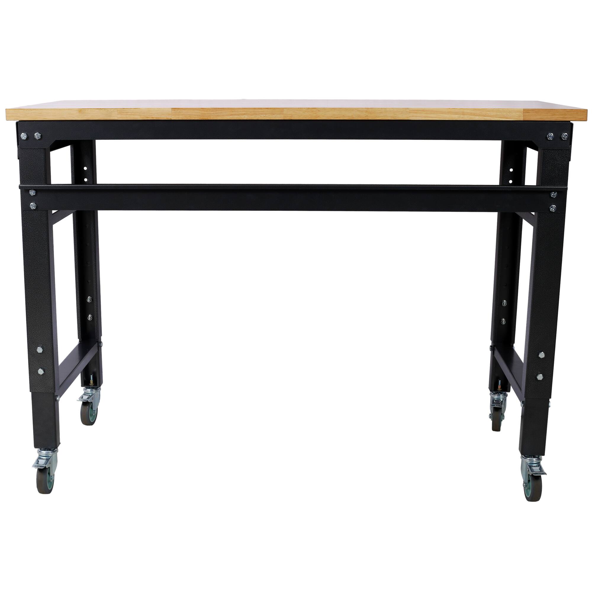 Left. GOODSILO - Adjustable Height Rolling Workbench with Durable Rubber Wood Top and Steel Frame for Garage and Workshop Use - Dark Gray,Wood.