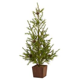 BreeBe - 28” Alpine Christmas Tree in Wood Planter with Pine Cones - Brown, Green