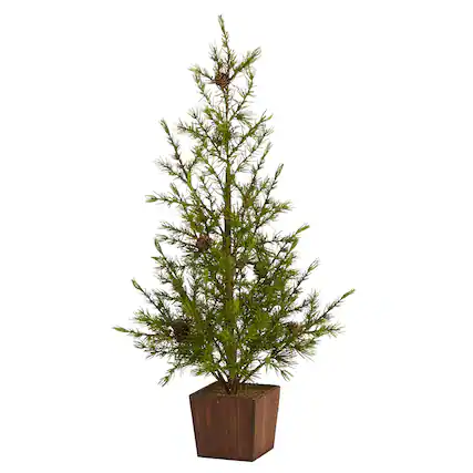 Front. BreeBe - 28” Alpine Christmas Tree in Wood Planter with Pine Cones - Brown, Green.