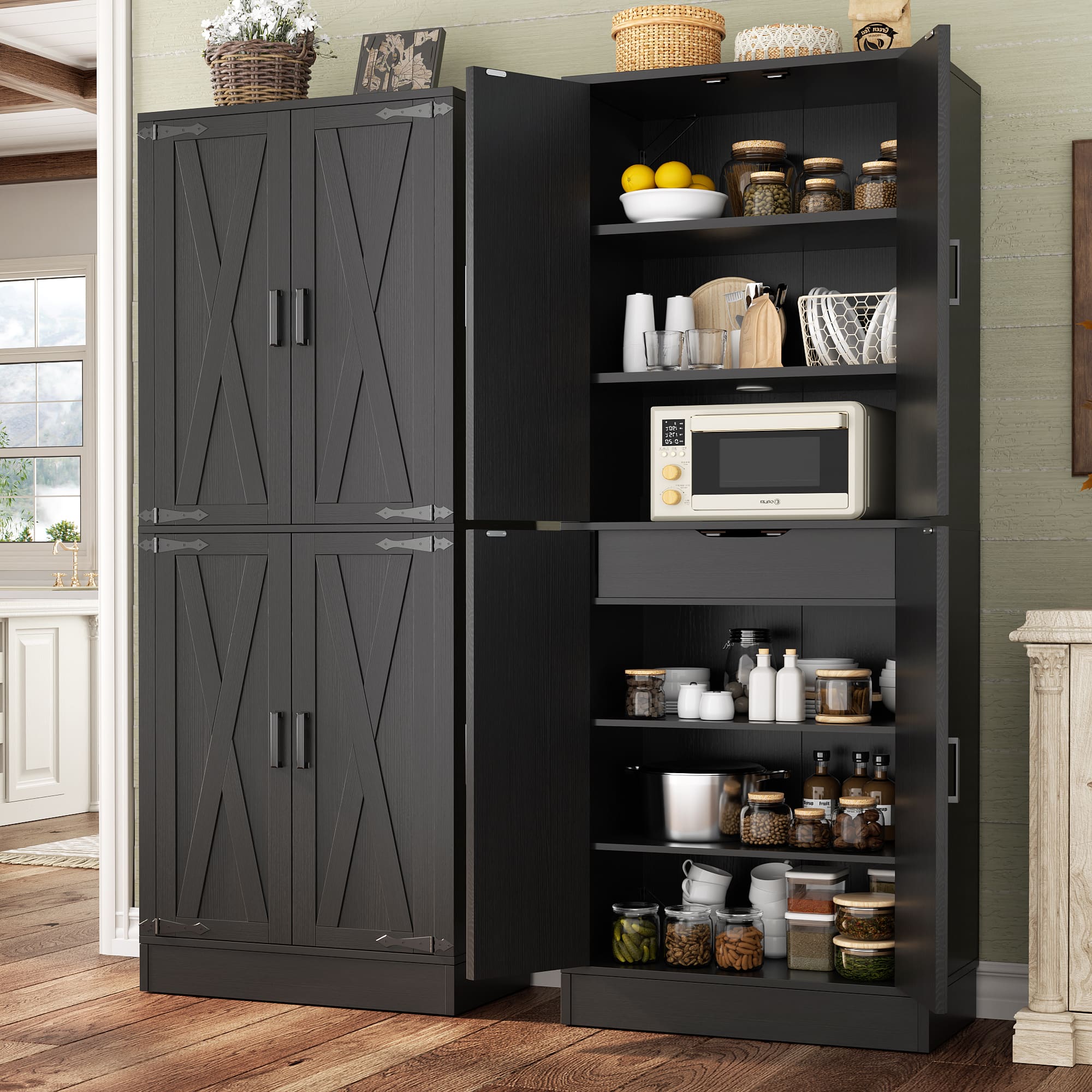Aheaplus - 71'' Tall Farmhouse Pantry Storage Cabinet with 4 Barn Doors and Drawer, Cupboard with Adjustable Shelves - Black