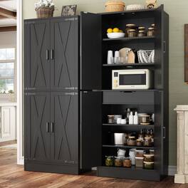 Aheaplus - 71'' Tall Farmhouse Pantry Storage Cabinet with 4 Barn Doors and Drawer, Cupboard with Adjustable Shelves - Black