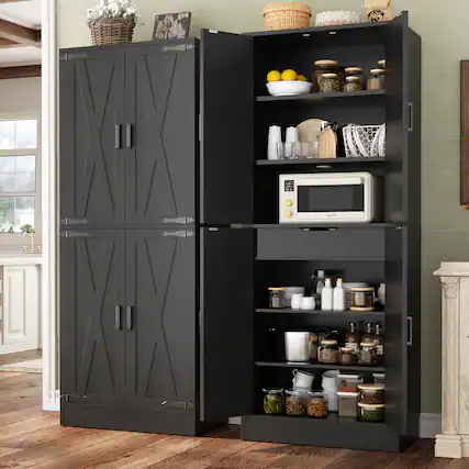 Front. Aheaplus - 71'' Tall Farmhouse Pantry Storage Cabinet with 4 Barn Doors and Drawer, Cupboard with Adjustable Shelves - Black.