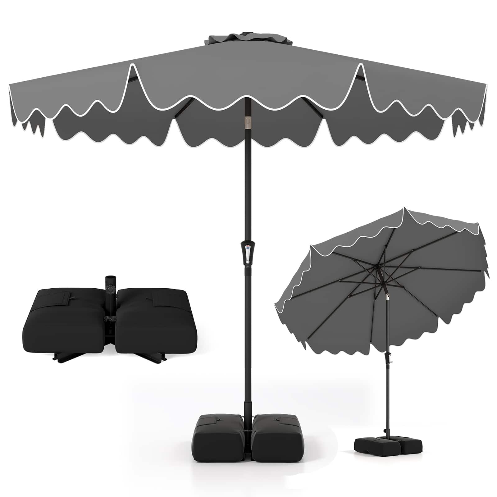 Front. Costway - Costway 9 FT Patio Umbrella with Weighted Base Sandbags Push Button Tilt Crank Sturdy Ribs - Gray.
