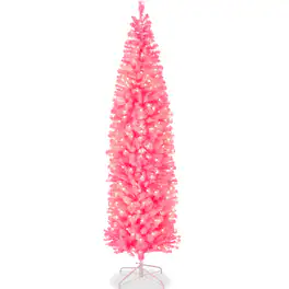 Best Choice Products - 7.5ft Pre-Lit Artificial Christmas Tree, Holiday Pencil Tree w/ 300 Warm White Lights, Stand - Pink