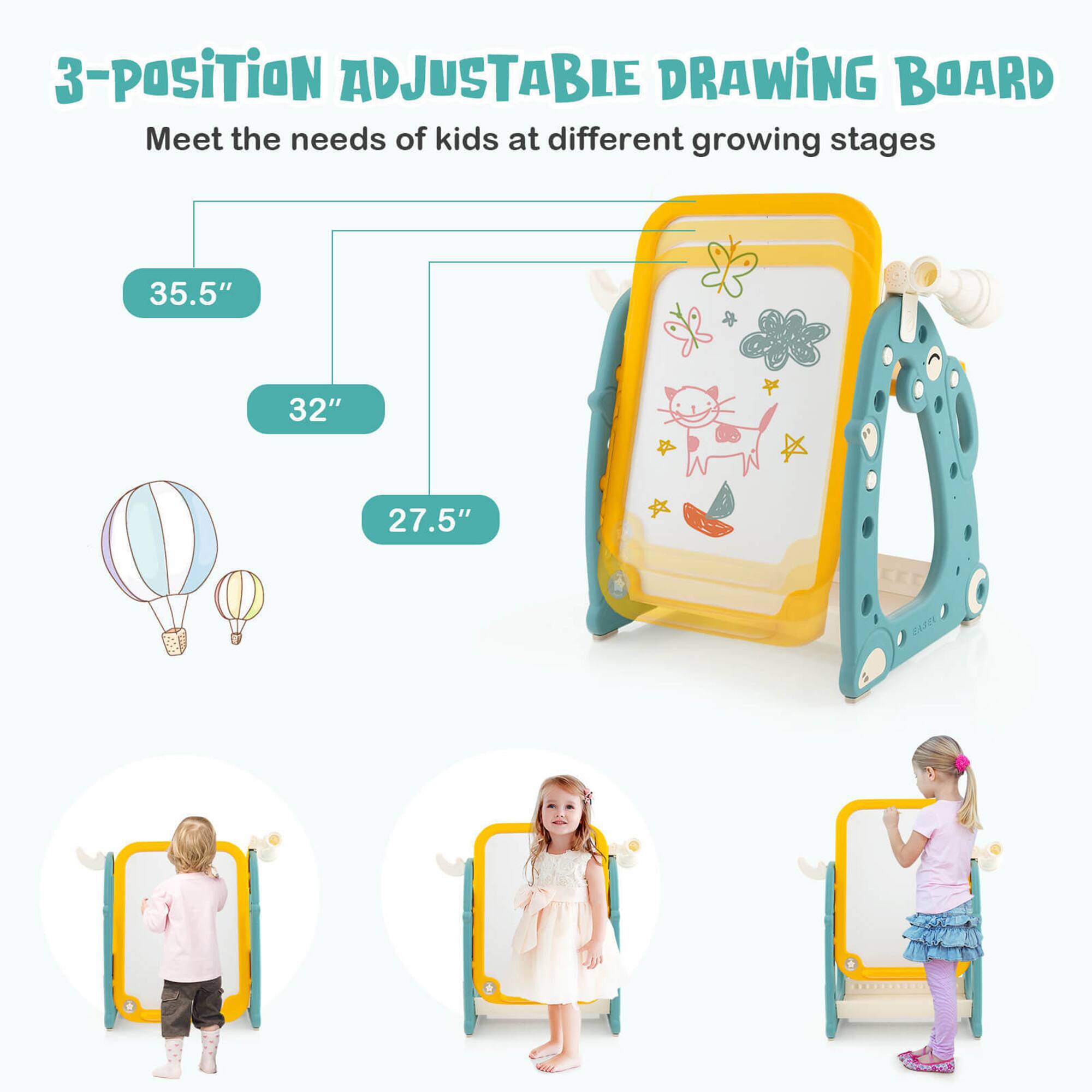 3-Position Adjustable Drawing Board  
Meet the needs of kids at different growing stages  

35.5"  
32"  
27.5"