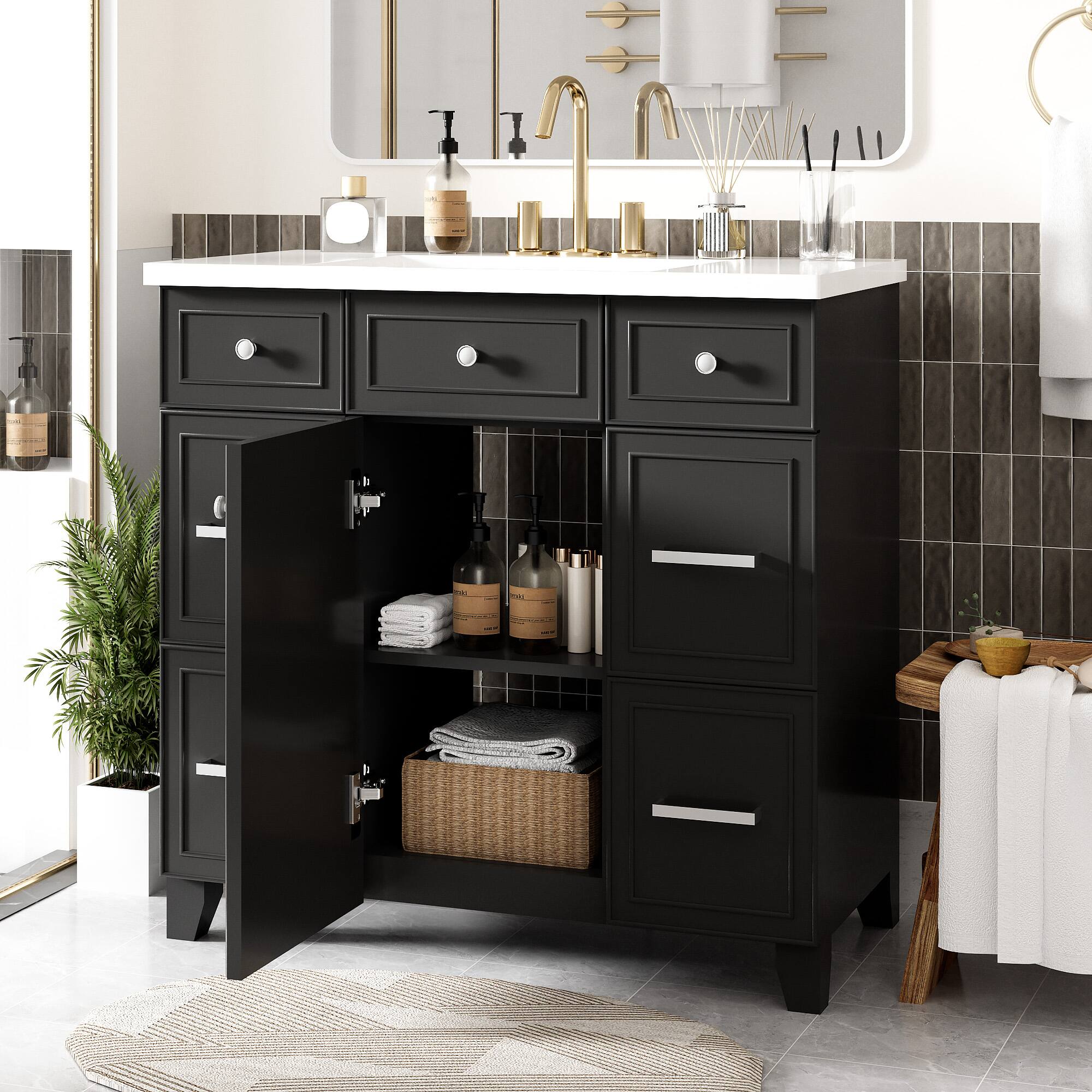 Angle. Tiramisubest - 36" Bathroom Vanity Cabinet with Sink Top Combo Set , Black ,Single Sink,Shaker Cabinet with 3 Drawers - Black.
