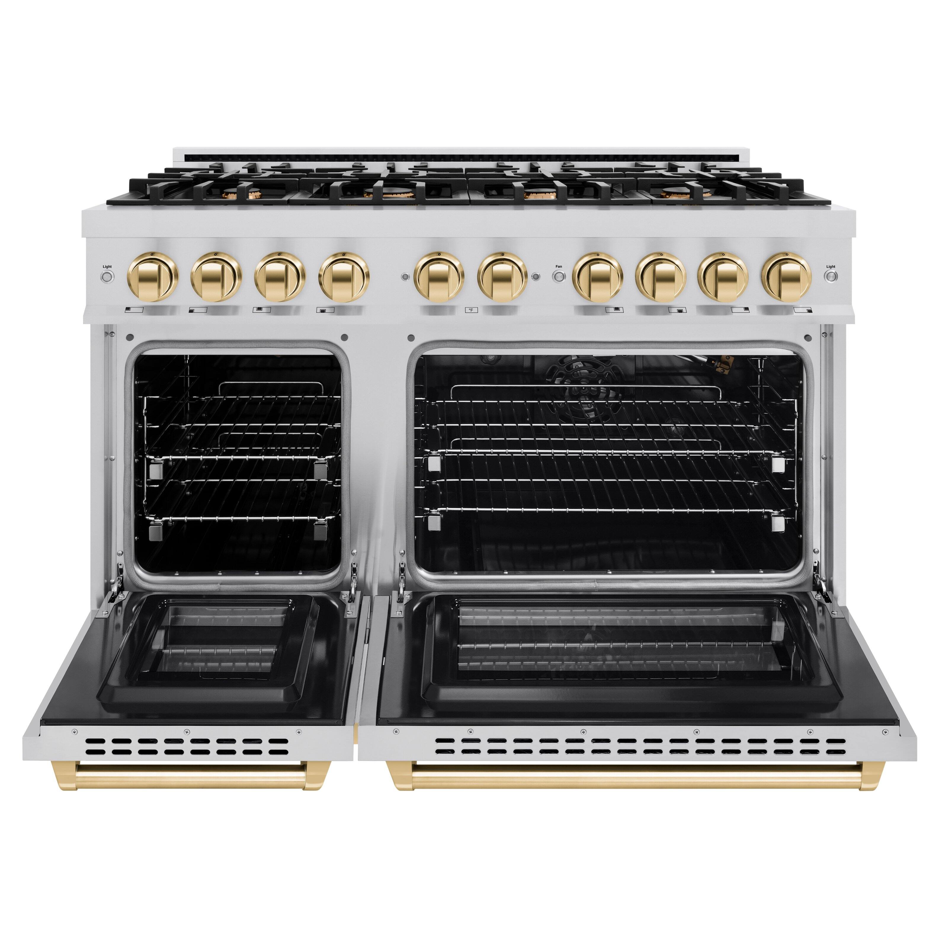 Left. ZLINE - ZLINE Autograph 48 in. 6.7 cu. ft. Freestanding Select Gas Range w/ 8 Burners & Polished Gold Accents (HGRZ-48-G) - Stainless Steel.