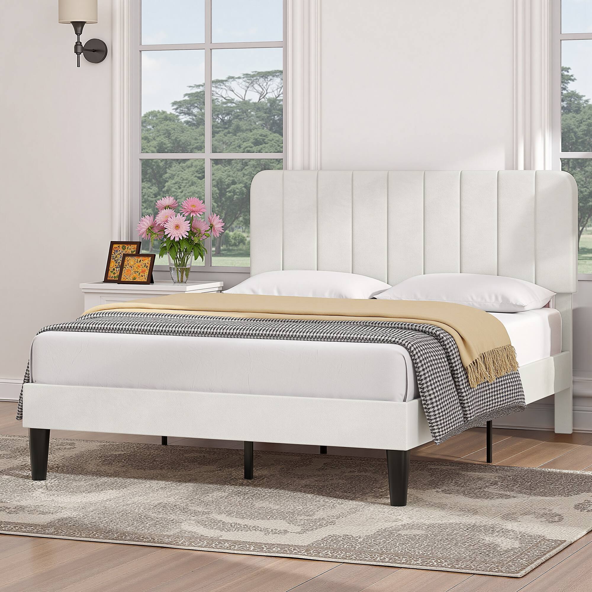 Alt View 2. Vecelo - Upholstered Queen Size Platform Bed Frame with Adjustable Headboard,Velvet Bed Frame No Box Spring Needed - White.