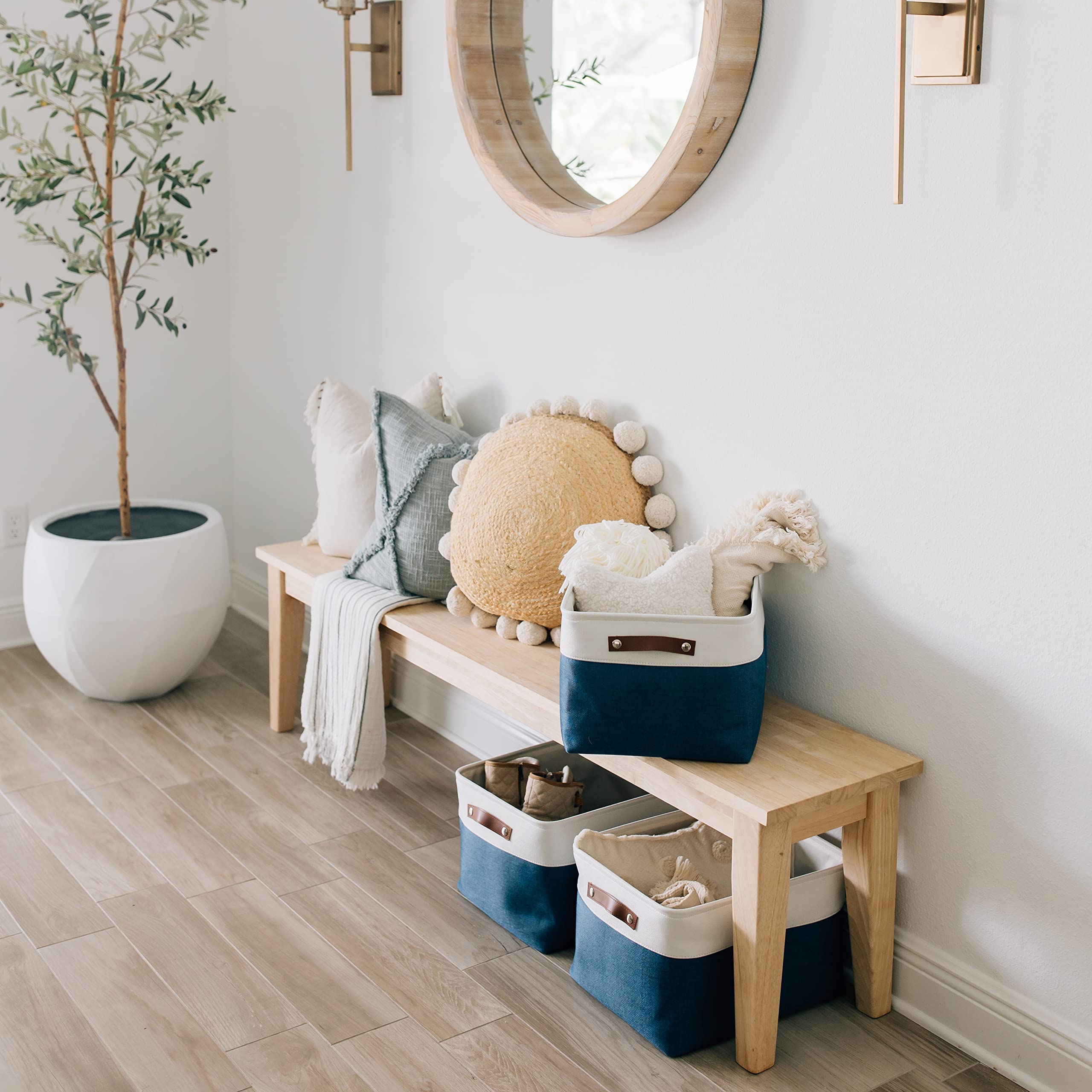 Alt View 7. Dapper Styles - Fabric Storage Baskets For Shelves 15x11in Closet Bins Cloth Organizing Linen Organizers Basket - - Navy Blue / Off-White-Large - 3pc.