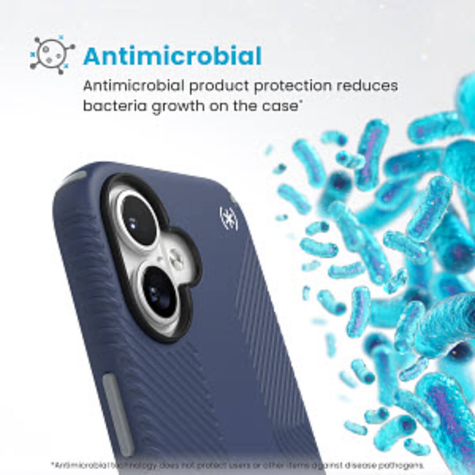 Antimicrobial product protection reduces bacteria growth on the case. However, it does not protect users from other potential pathogens.