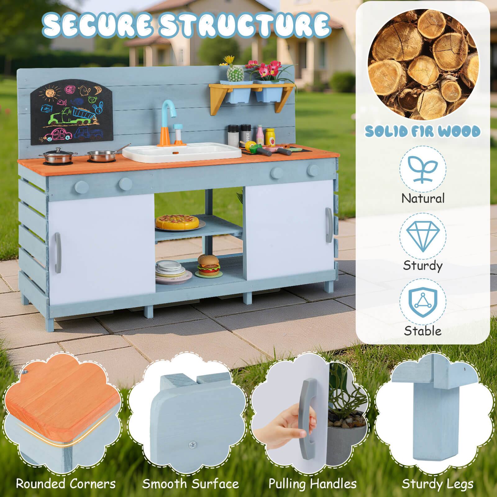 Alt View 4. Costway - Costway Play Kitchen for Kids Wooden Toy Kitchen Playset with Chalkboard Grill Rack - Blue.