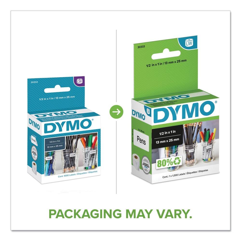 30333 LW  
1/2 in x 1 in  
13 mm x 25 mm  

DYMO  
Pens  
1/2 in x 1 in  
13 mm x 25 mm  

Cont: 1x 1,000 Labels | Étiquettes | Etiquetas  

PACKAGING MAY VARY.