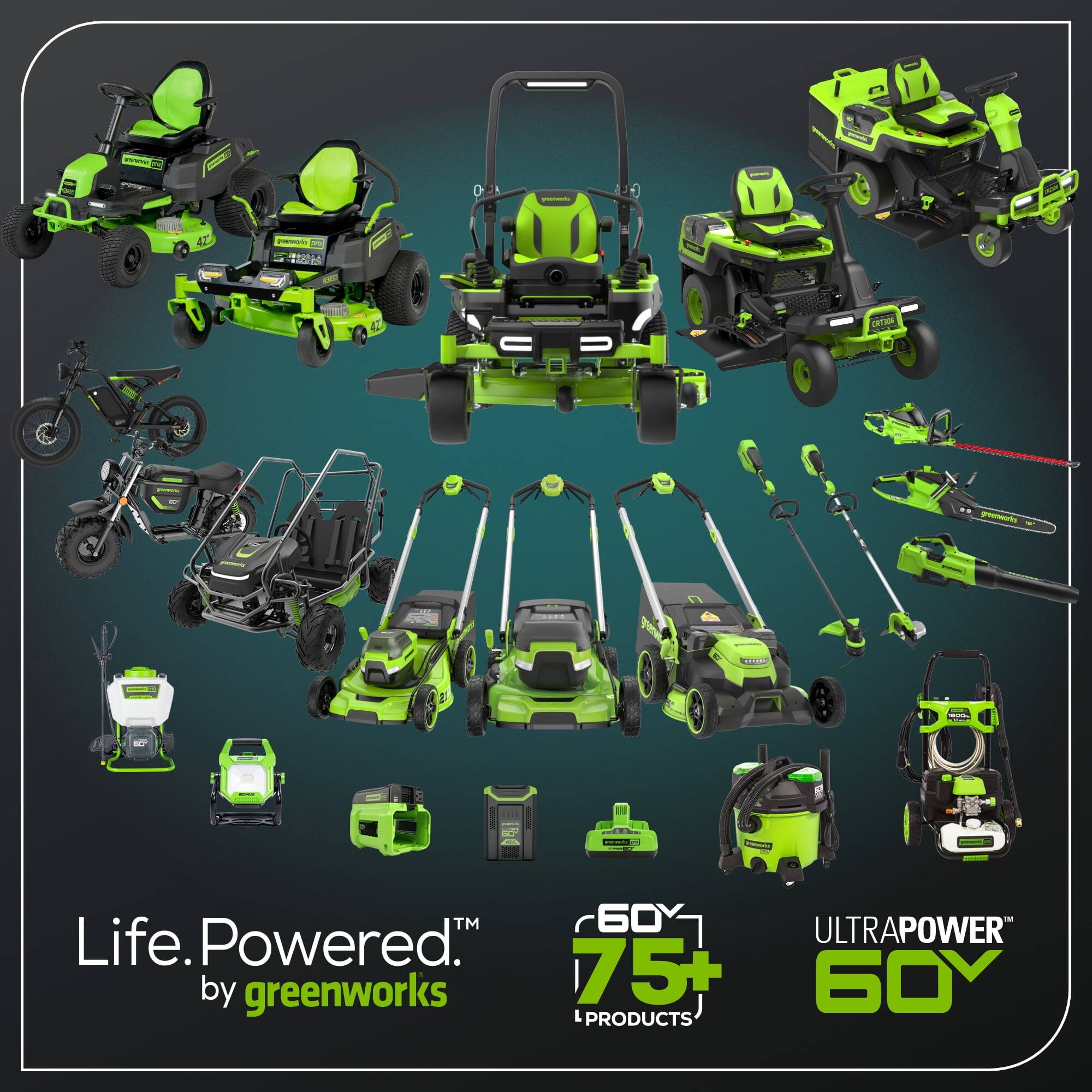 Life. Powered™ by greenworks

60V 75+ PRODUCTS

ULTRAPOWER™ 60V