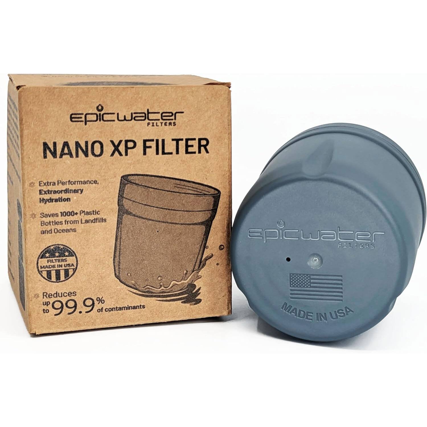 Epicwater FILTERS  
NANO XP FILTER  
Extra Performance, Extraordinary Hydration  
Saves 1000+ Plastic Bottles from Landfills and Oceans  
Reduces up to 99.9% of contaminants  
MADE IN USA  

Epicwater FILTERS  
MADE IN USA