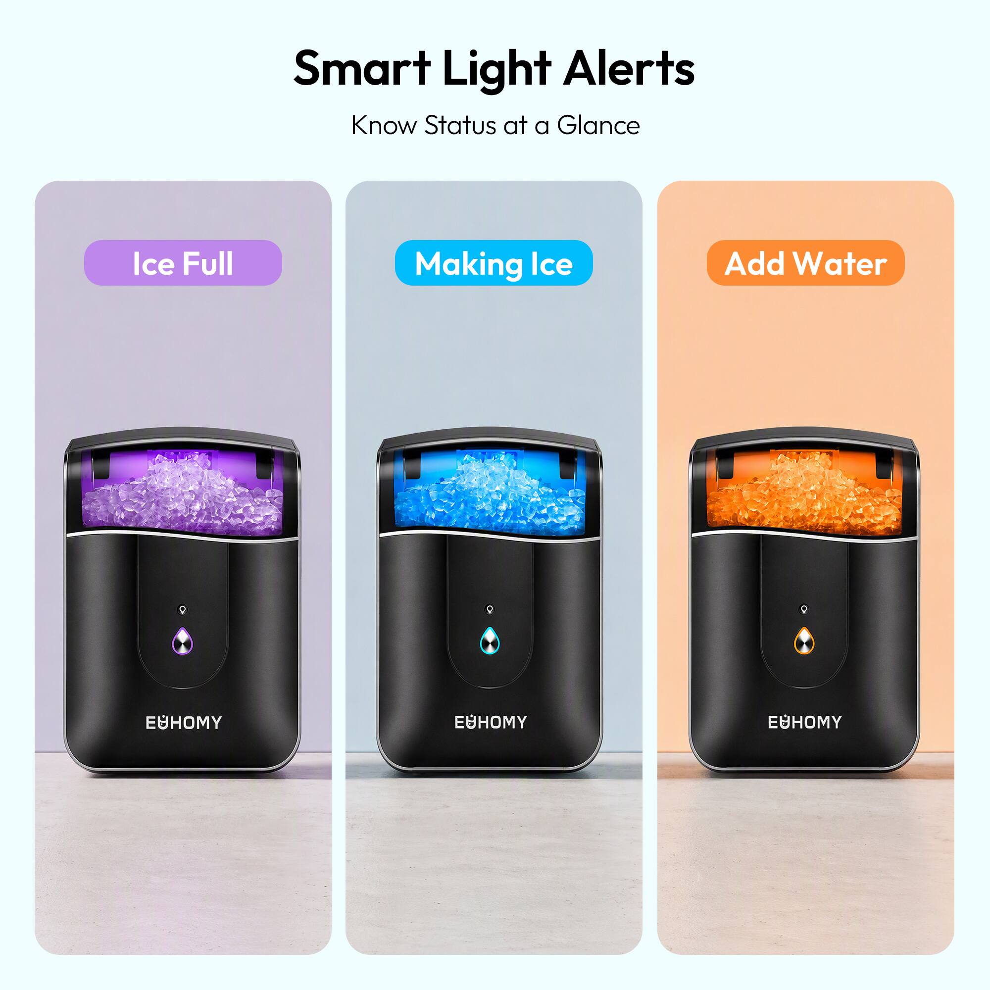 Smart Light Alerts  
Know Status at a Glance

- Ice Full
- Making Ice
- Add Water

EUHOMY  
EUHOMY  
EUHOMY