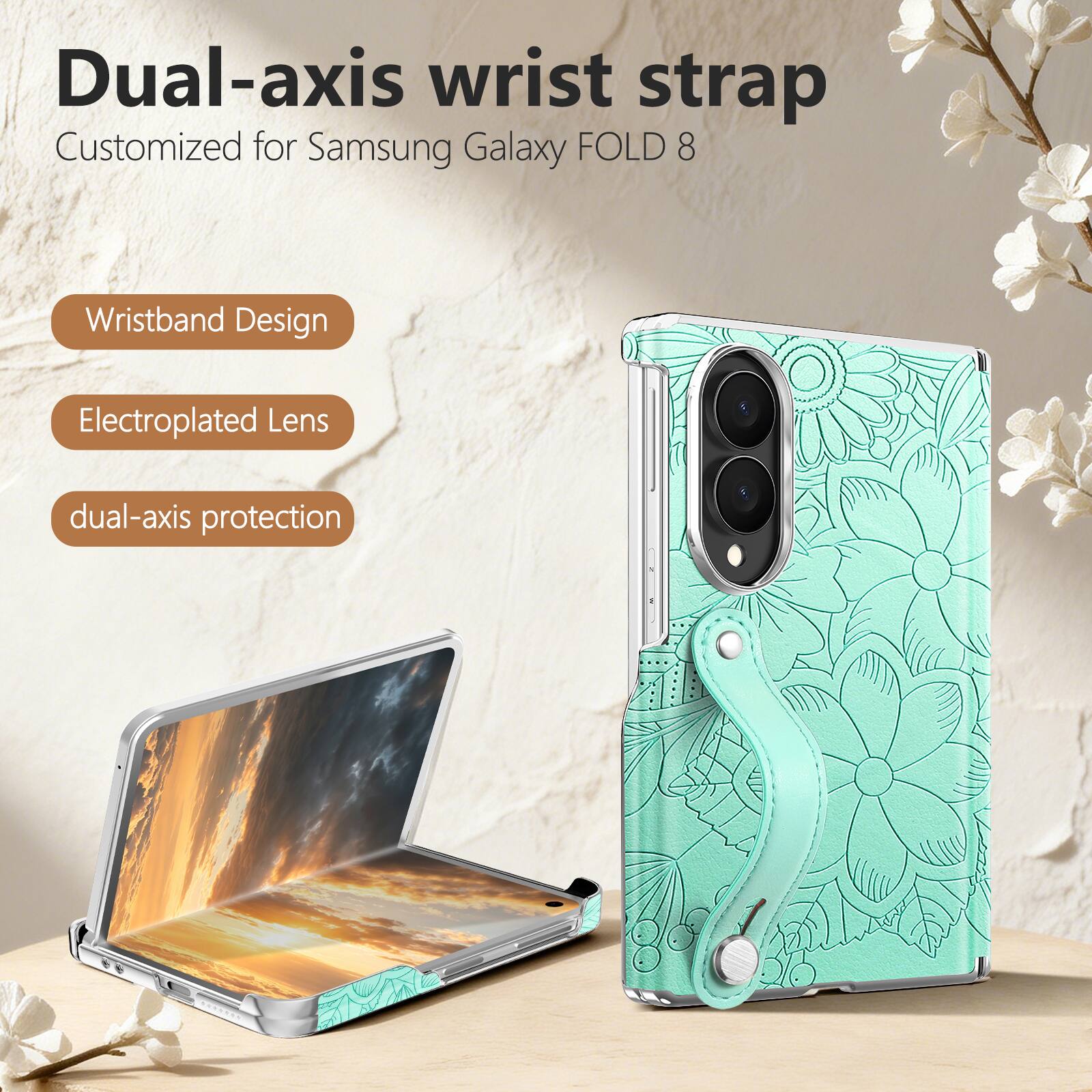 Dual-axis wrist strap  
Customized for Samsung Galaxy FOLD 8

- Wristband Design
- Electroplated Lens
- dual-axis protection