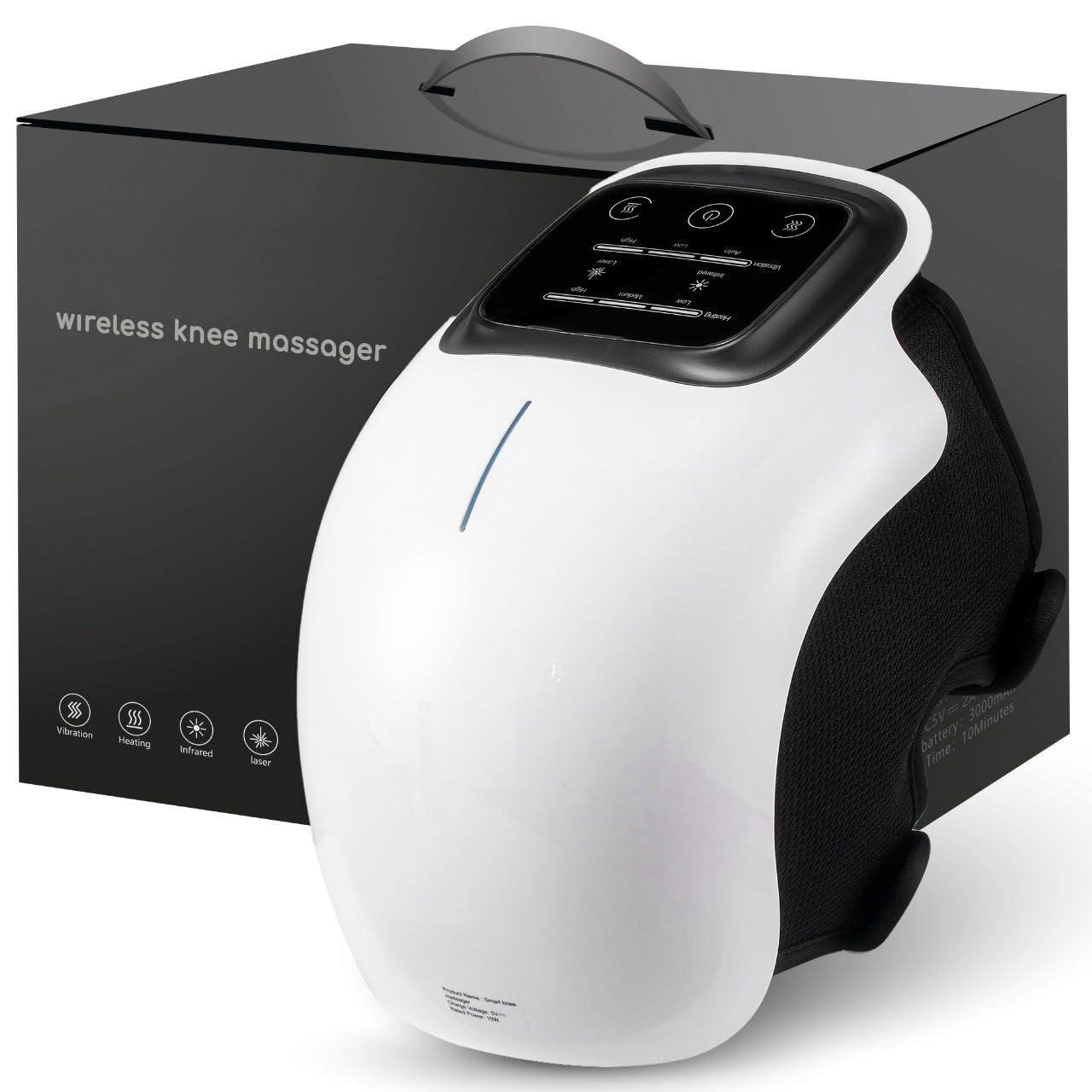 Sure, here is the corrected and grouped text from the image:

---

**Wireless Knee Massager**

- **Features:**
  - Vibration
  - Heating
  - Infrared
  - Laser

- **Battery:**
  - 3000mAh
  - 10 Minutes

- **Time:**
  - 10 Minutes

---

This text is organized to reflect the features and specifications of the wireless knee massager.