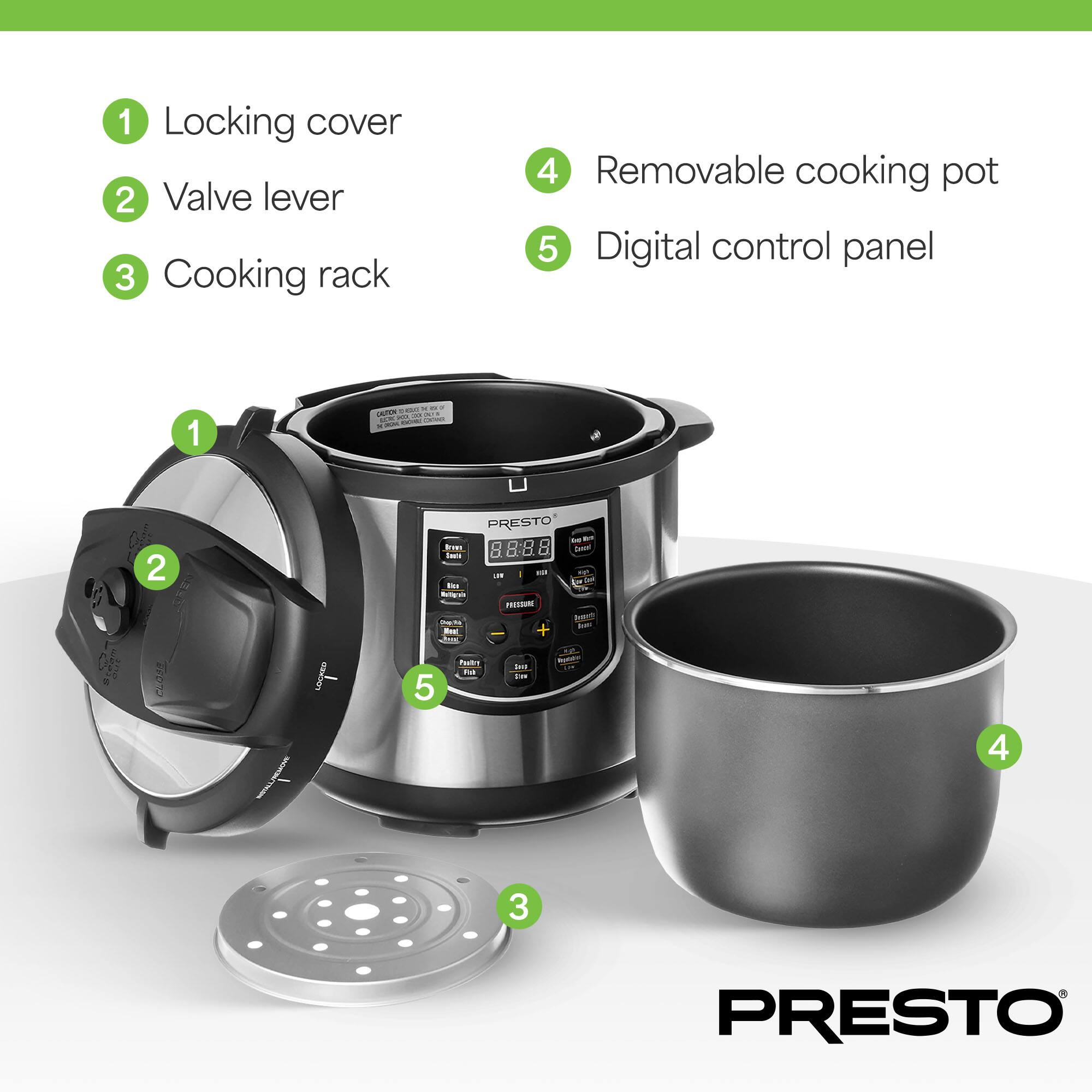1. Locking cover  
2. Valve lever  
3. Cooking rack  
4. Removable cooking pot  
5. Digital control panel  

PRESTO